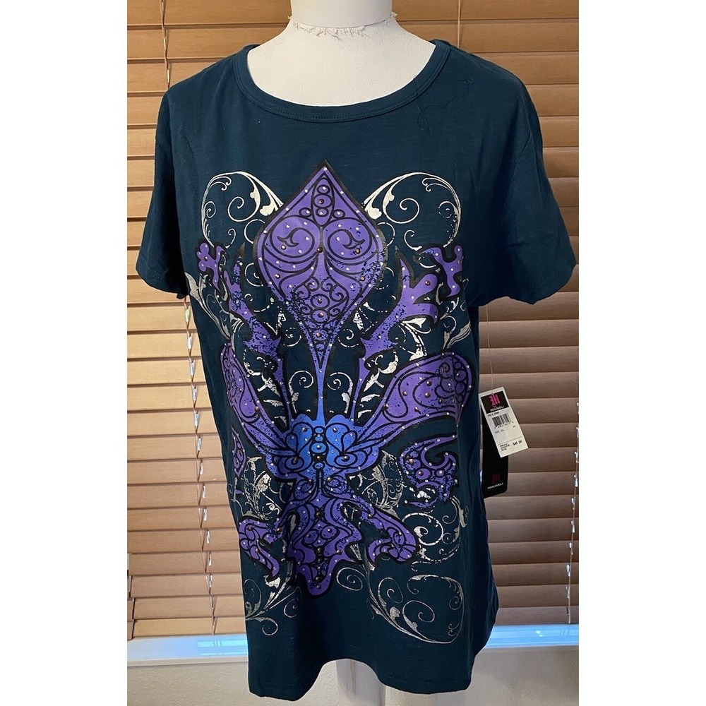 Tupac Shakur Fleur‎ de Lis Graphic Tee Shirt Short Sleeve Dark Green Purple New